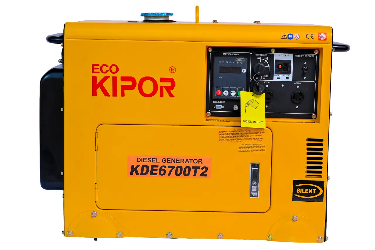 ECO KIPOR KDE6700T2 yellow silent diesel generator 5.5kVA with digital control screen.