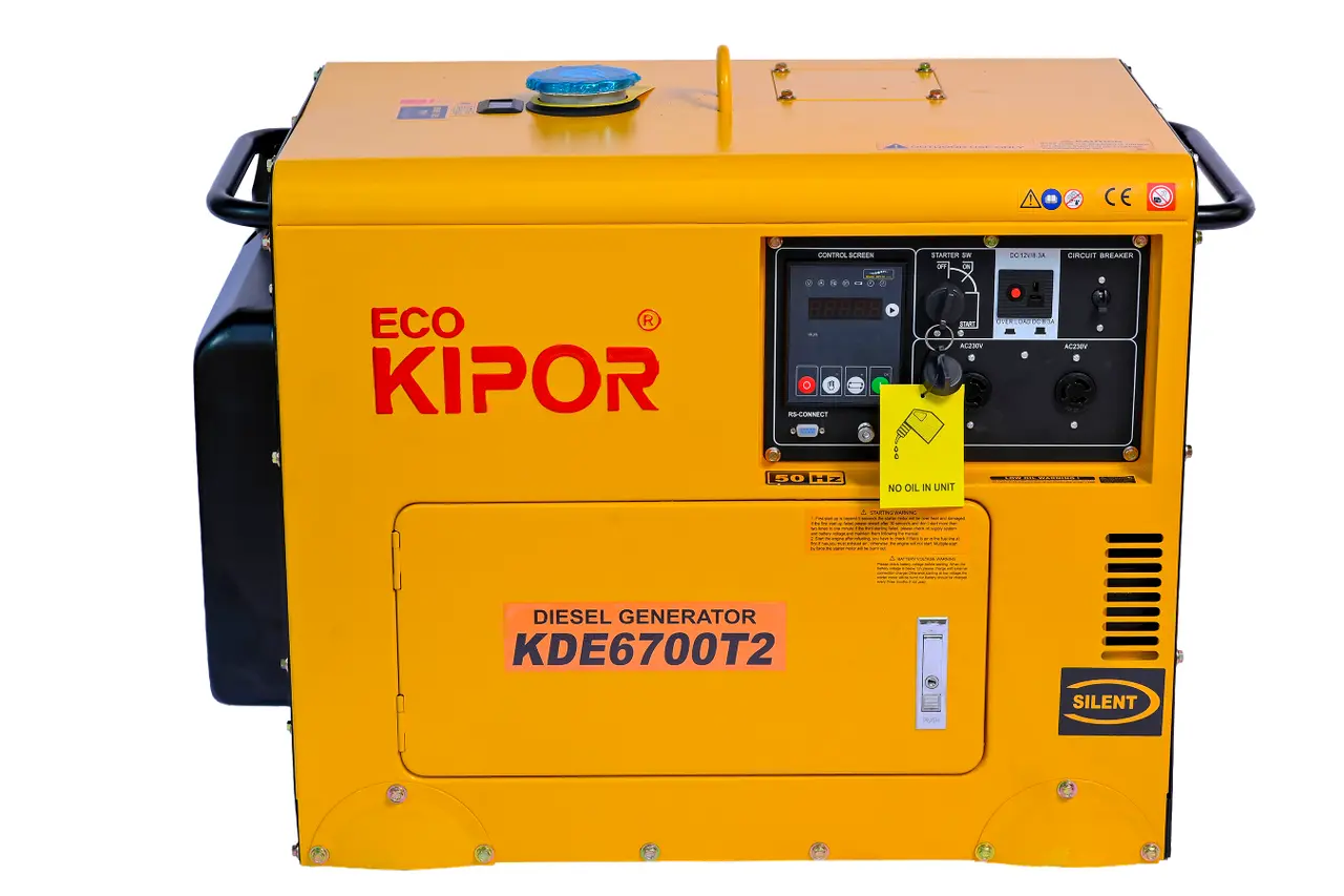 Portable commercial-grade silent diesel power generator ECO KIPOR KDE6700T2 for business backup and job sites.