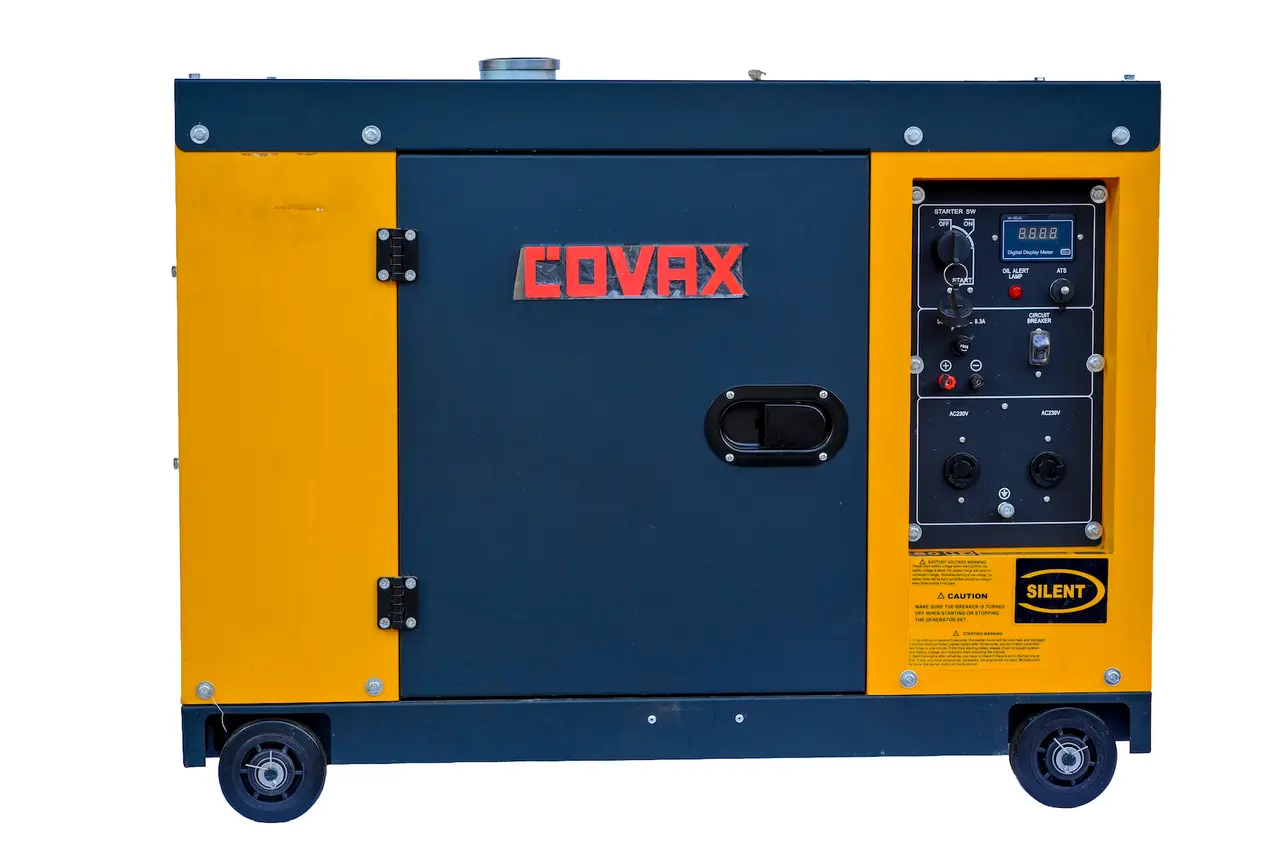 Front control panel of COVAX generator showing ATS port, digital display, and 230V AC sockets