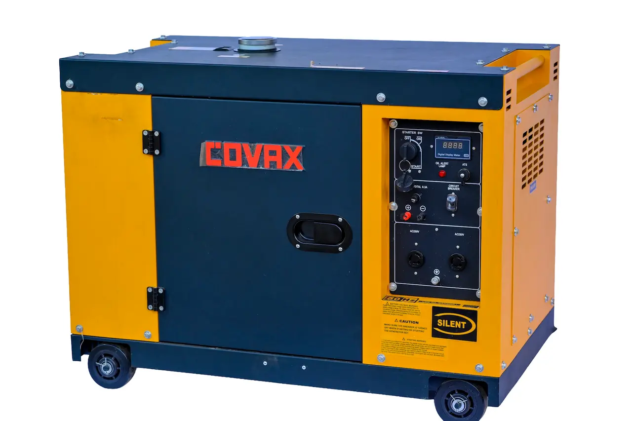 Side profile view of COVAX generator mounted on heavy-duty caster wheels