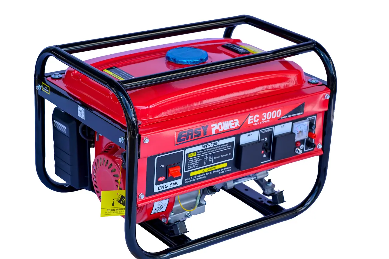 Angled top view of the Easy Power EC3000 Generator showing the fuel tank, cap, and pull recoil cord