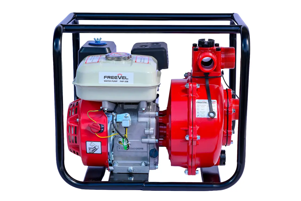 Front view of the Freevel FHP-50B 2-inch high pressure water pump highlighting the suction and discharge ports