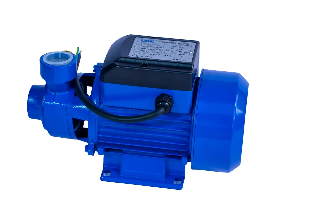 Close up of USK QB-60 water pump specifications plate showing 0.37kW and 28m maximum head