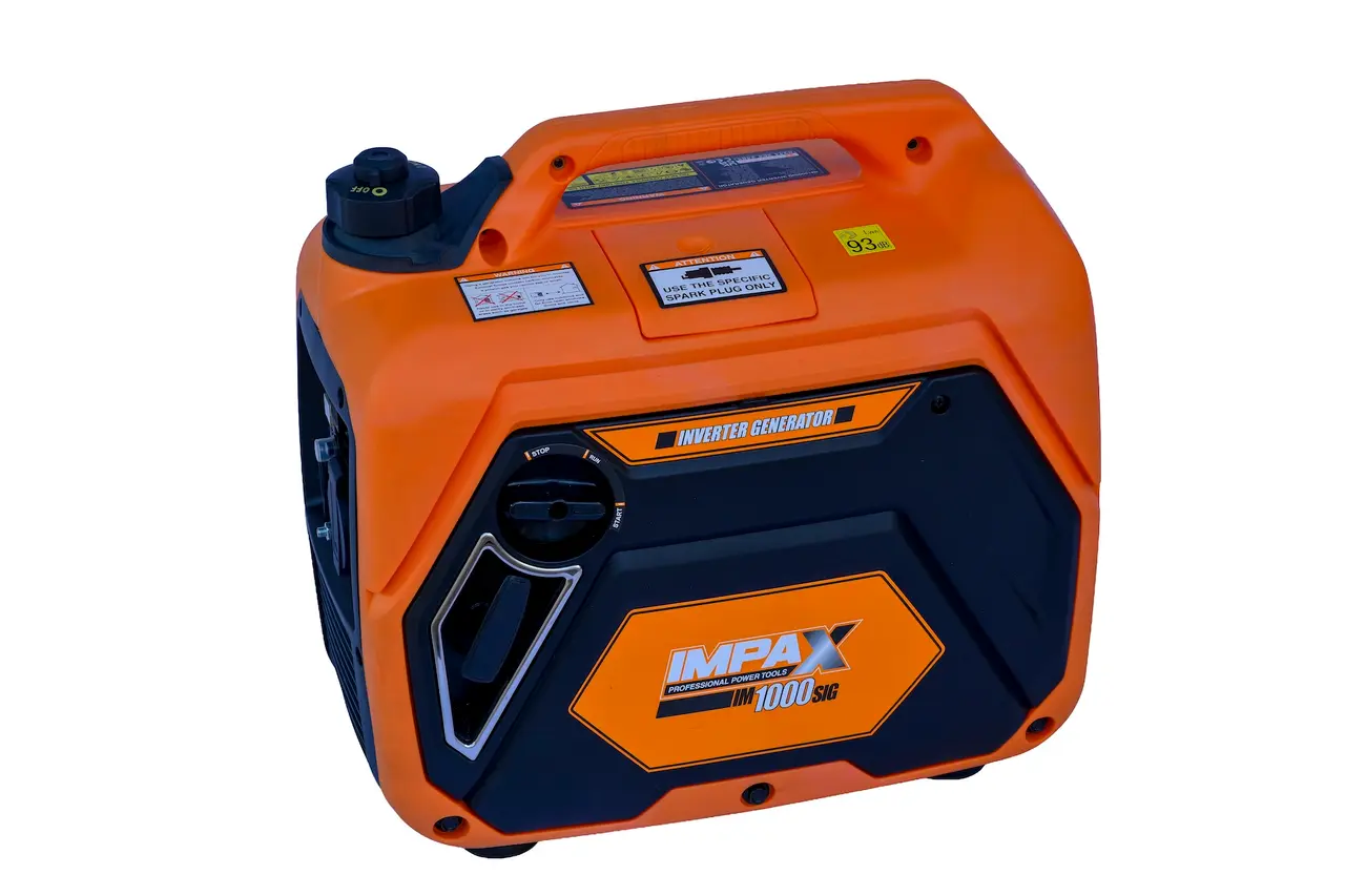 Angled top-down view of the orange IMPAX IM1000SiG silent generator highlighting the carry handle