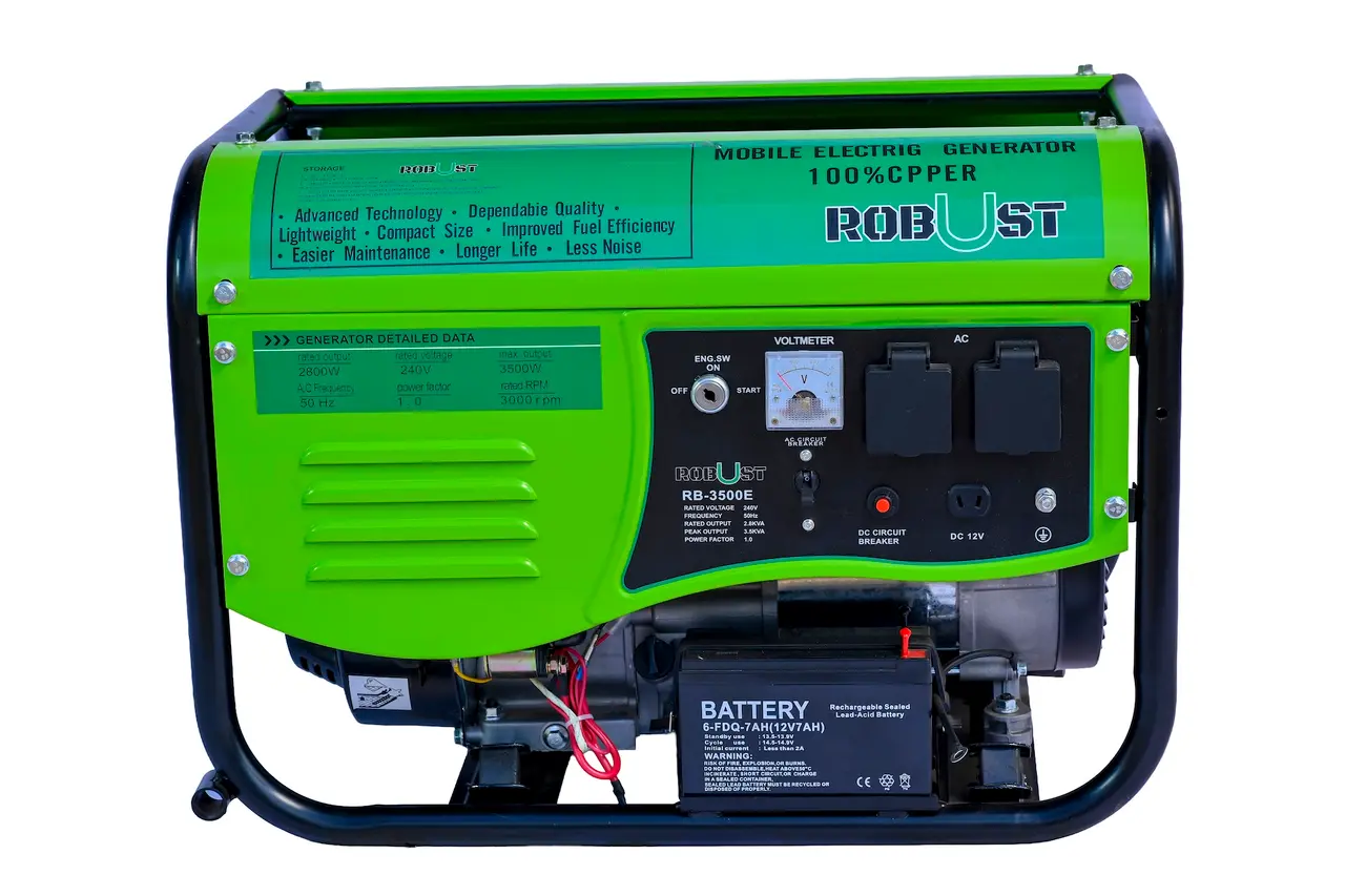 Front view of the Robust RB-3500E Mobile Electric Generator with 100% copper alternator