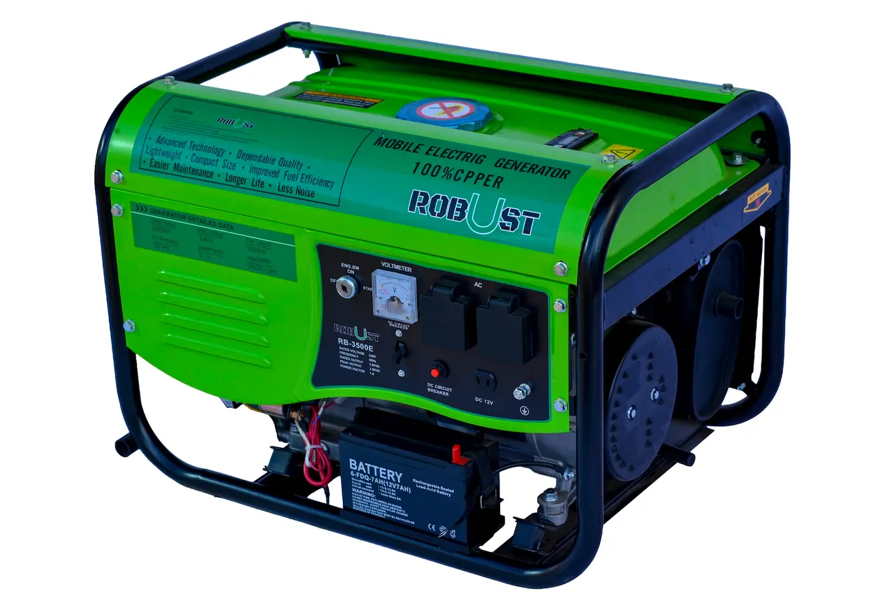 Robust RB-3500E 2.8kVA Petrol Generator front right angle showing control panel and battery
