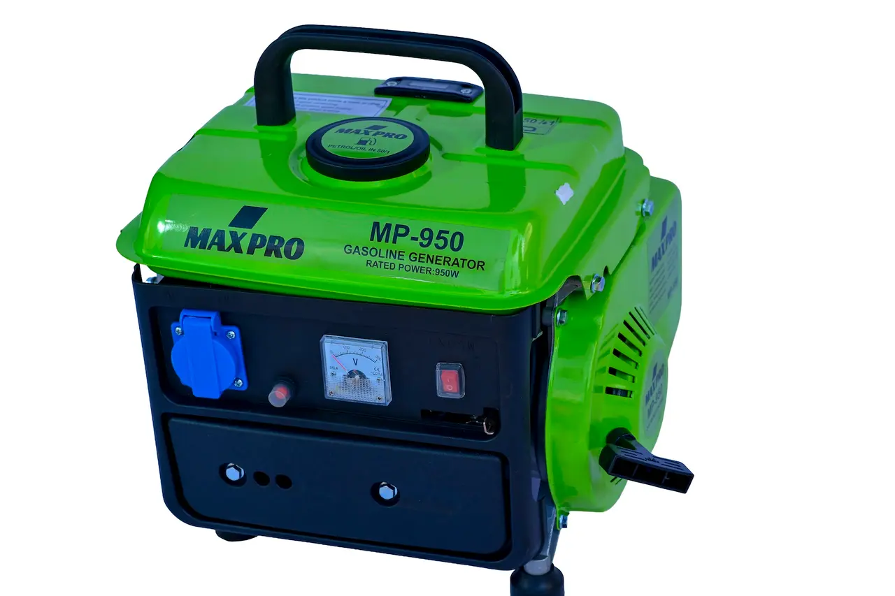 Front angle of the Maxpro MP-950 portable generator showing the top handle, control panel, and green fuel tank.