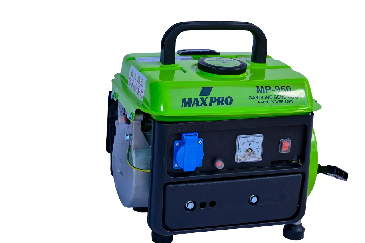 Right front profile of the Maxpro MP-950 generator displaying the 230V AC socket, voltmeter, and power switch.