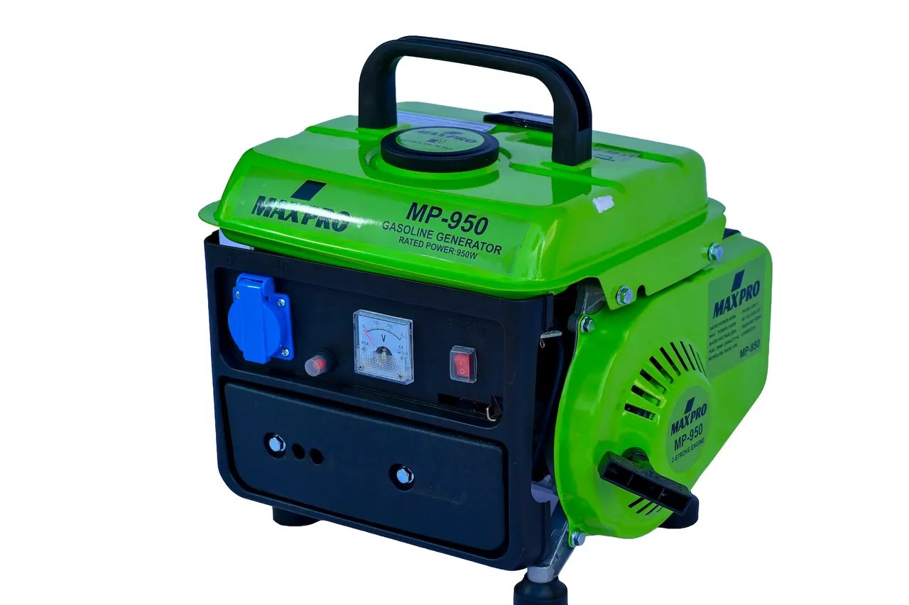 Left side view of the Maxpro MP-950 highlighting the recoil pull start mechanism and engine specification stickers.