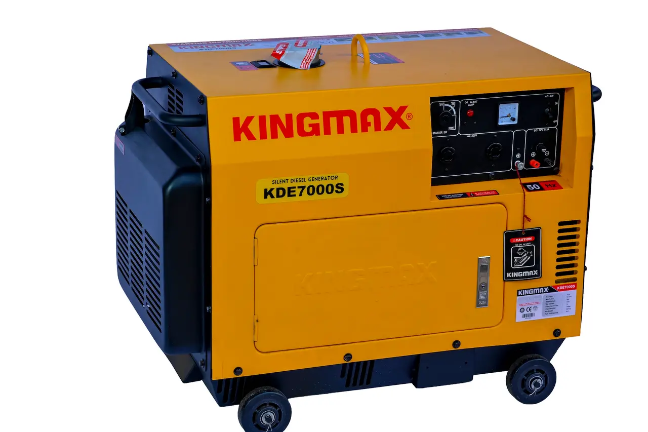KINGMAX KDE7000S 5.5kVA silent diesel generator in an enclosed yellow soundproof canopy