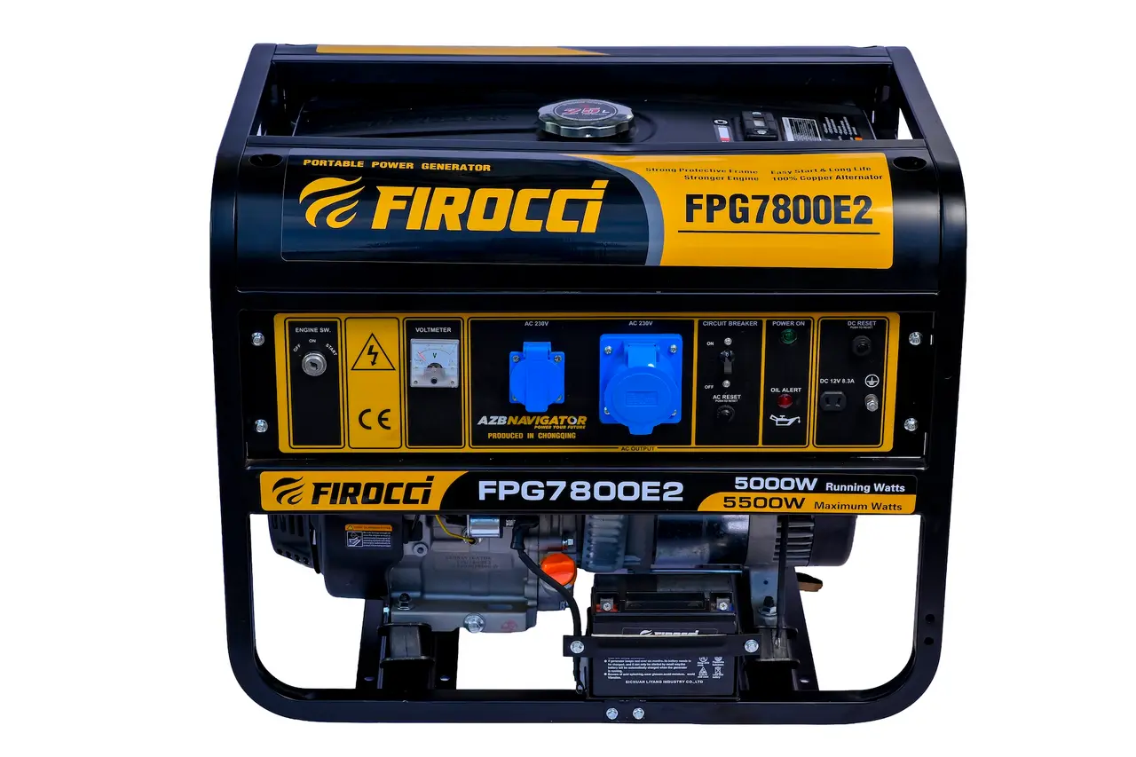 Front view of the Firocci FPG7800E2 5.5kW Portable Petrol Generator showing control panel and battery