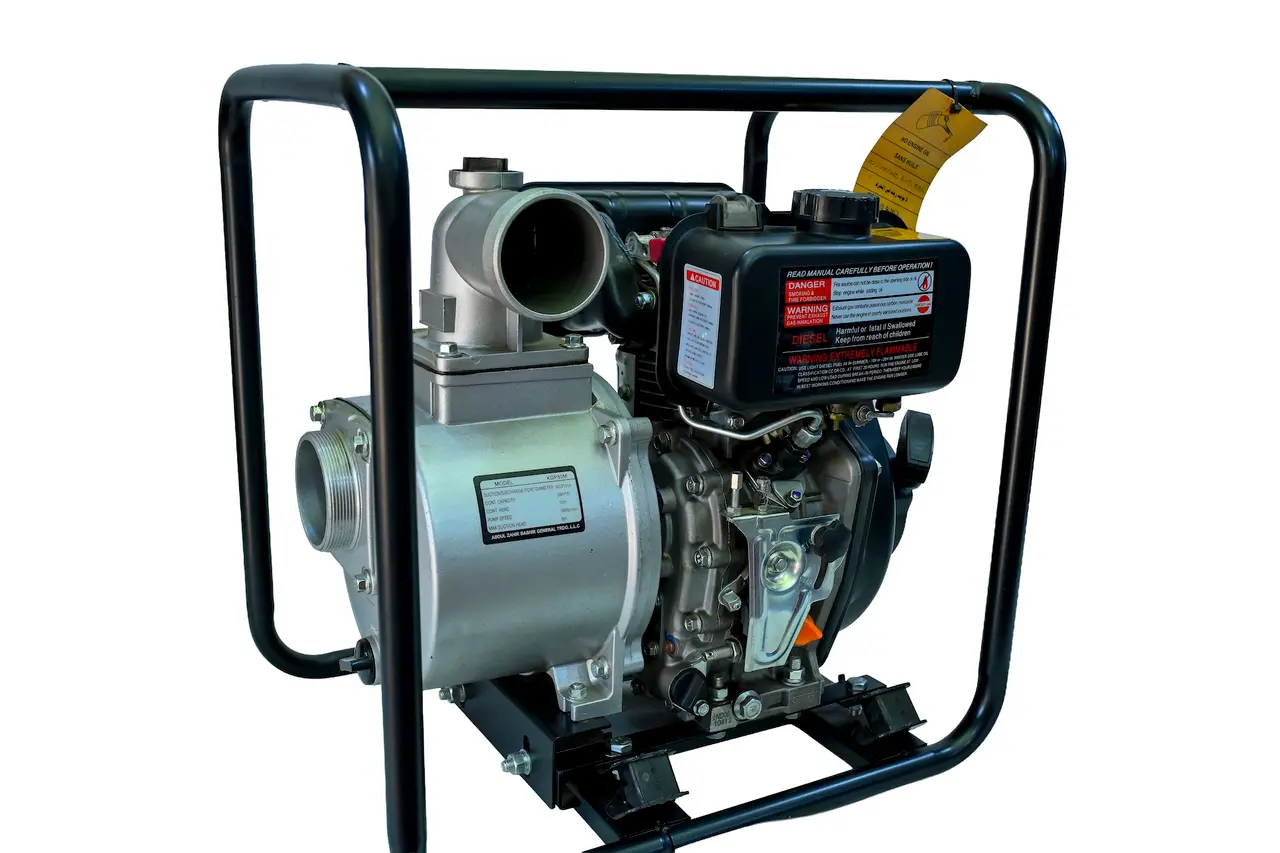 Angled view of the COVAX KDP30M diesel pump highlighting the pump plate and 80mm suction ports.