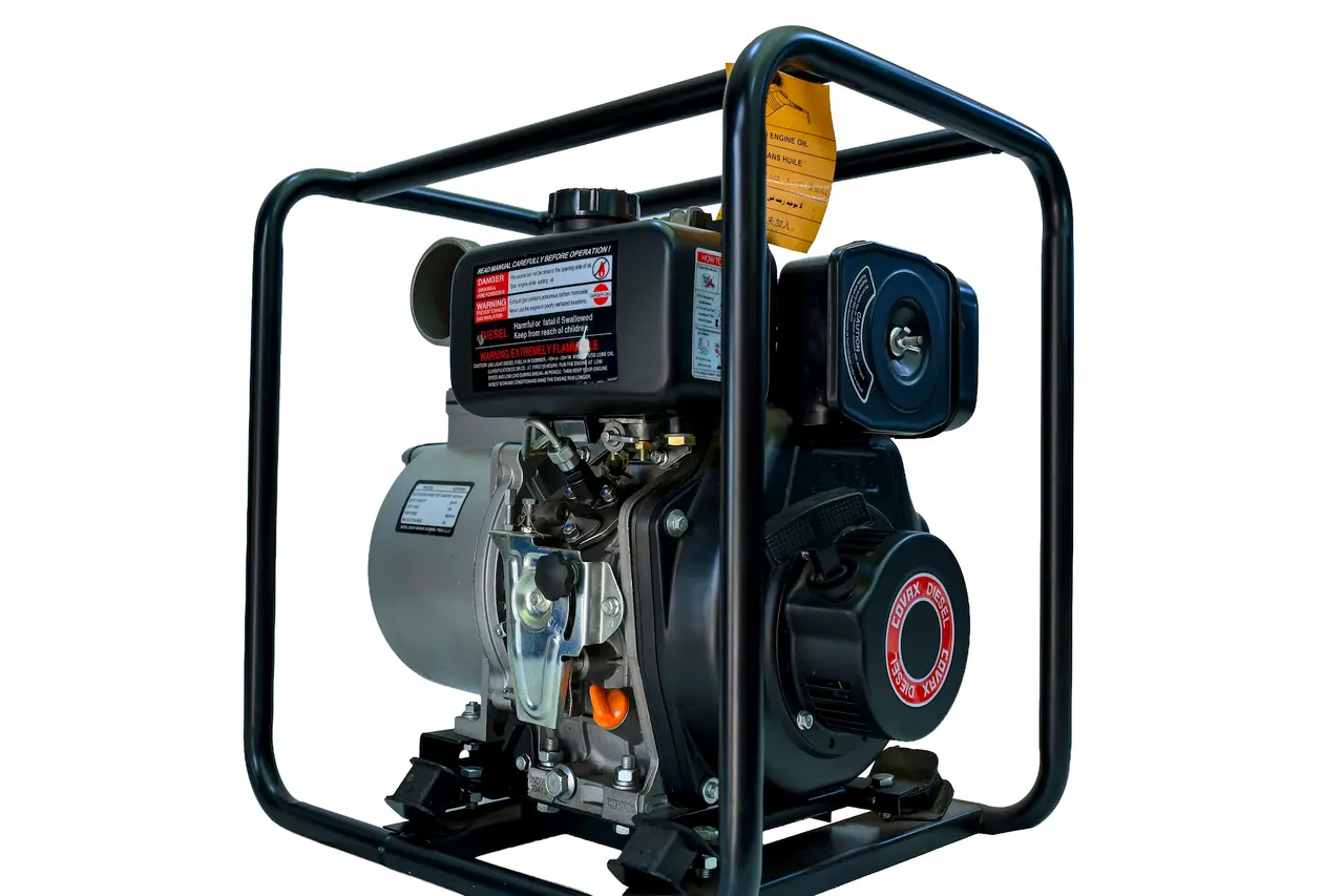 Side view of the COVAX KDP30M pump showing the recoil pull starter and Covax Diesel branding.