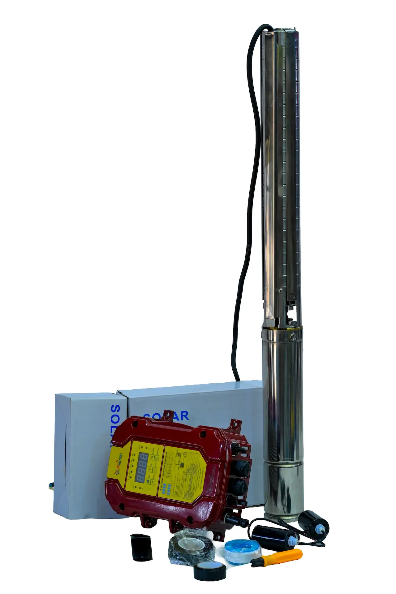 Asaman 1500W DC solar submersible pump and its intelligent red surface controller displayed with installation accessories