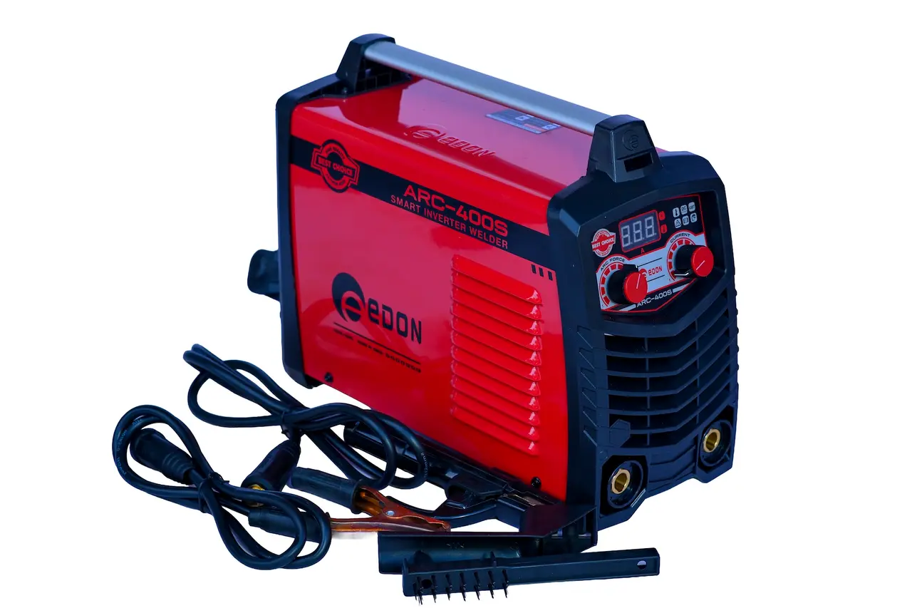 EDON ARC-400S Smart Inverter Welder front and side view with included cables and wire brush