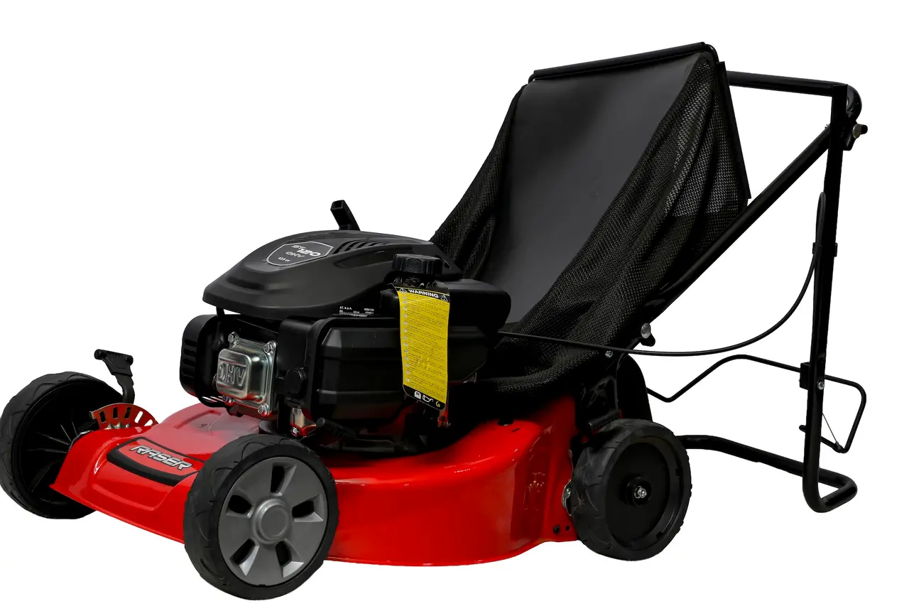 Side profile of the Raser petrol lawn mower showing the 123cc ST 120 OHV engine and black grass catcher
