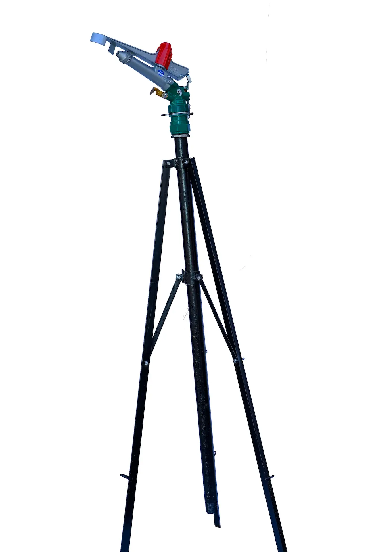 JHD IG-50 PY2 rain gun impact sprinkler mounted on a black metal tripod stand