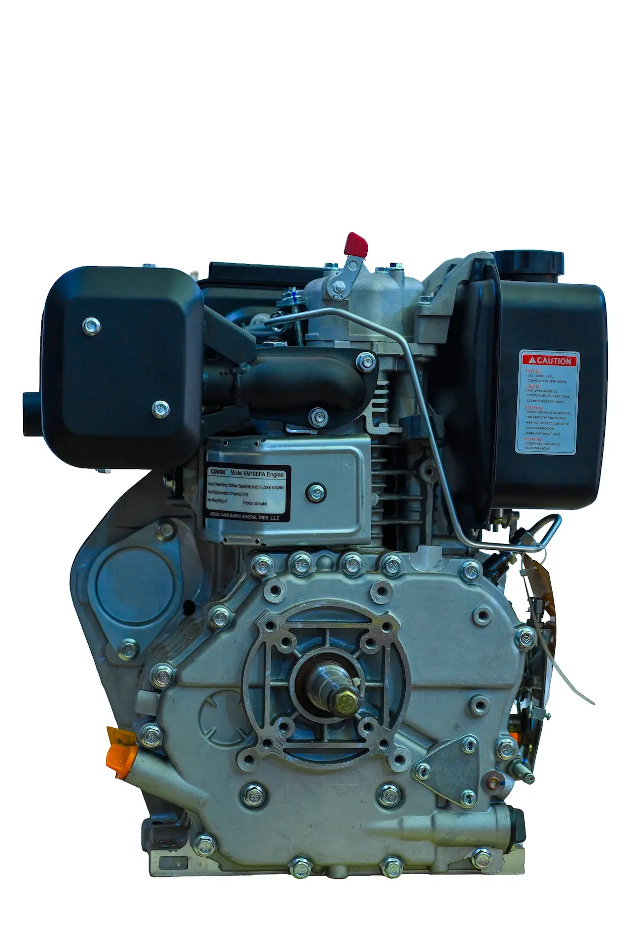 Side profile of the Covax KM186FA diesel engine displaying the exhaust, air filter, and keyed output shaft.